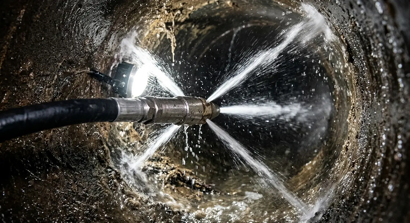 High-pressure hydro jetting nozzle cleaning sewer pipe for Emergency Drain Service in Palm Springs North