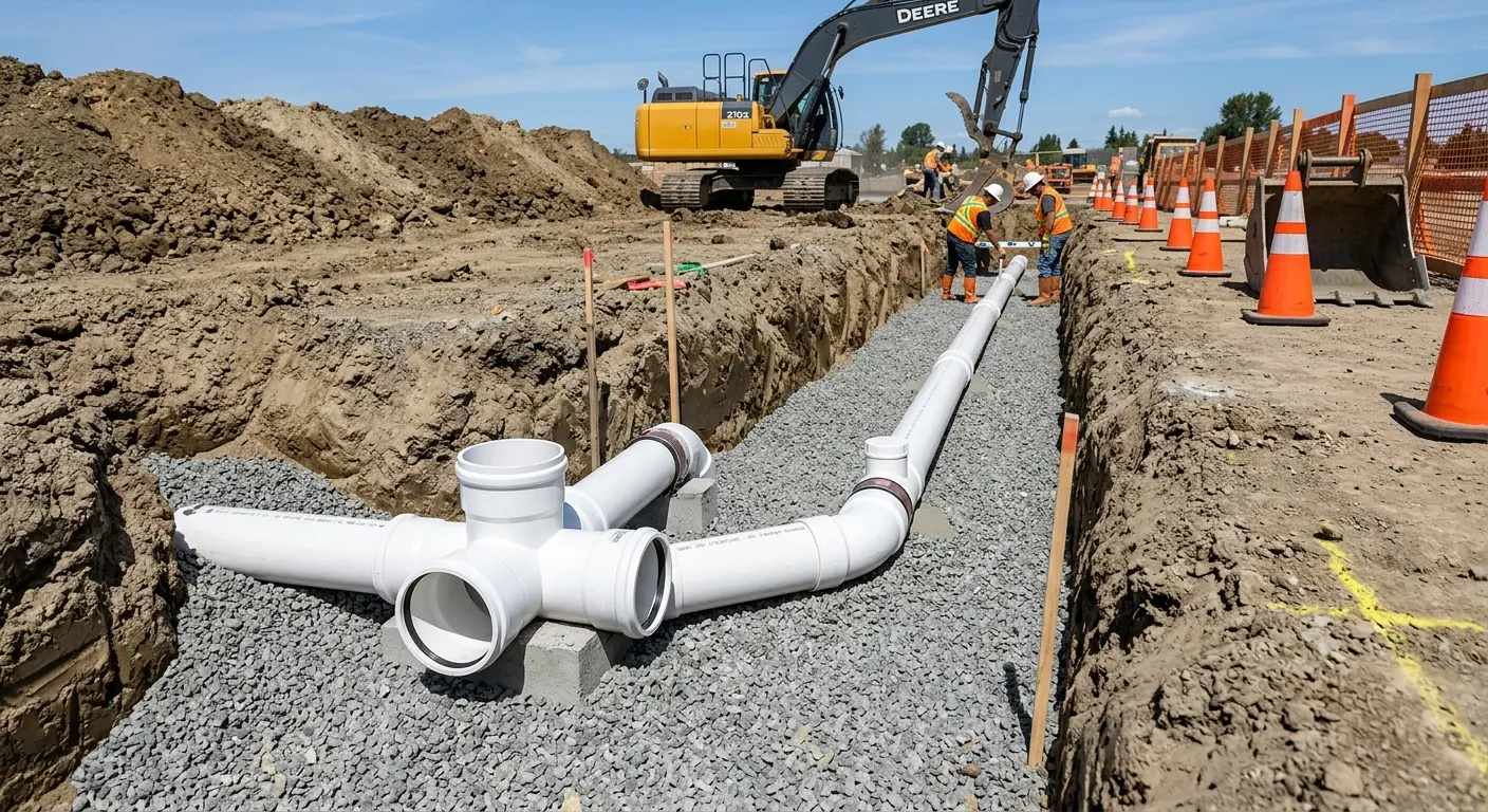 New PVC sewer pipe installation in open trench for Grease Trap Cleaning in Palm Springs North