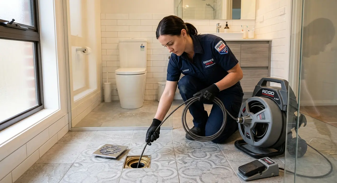 Technician clearing a bathroom floor drain for Drain Cleaning in Palm Springs North